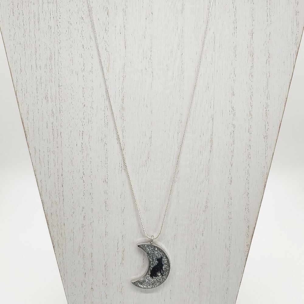 Necklace Silver Moon w/ Glitter & Black Cat